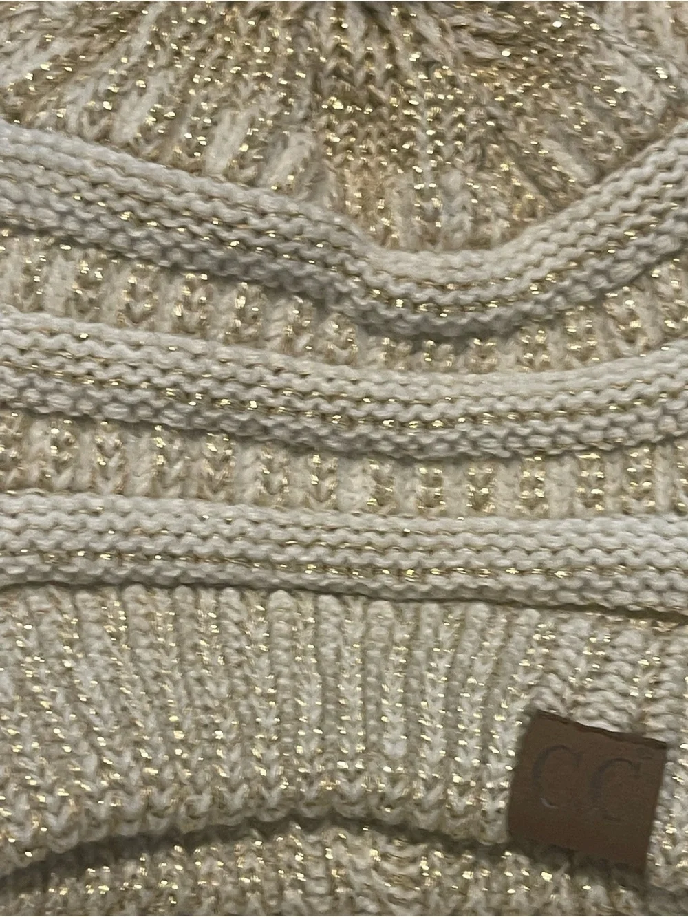 Sparkle Knit Beanie and Scarf Set - Cream with Gold Thread C.C Faux Fur Pom Pom
